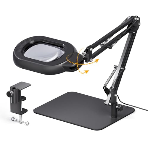 Magnifying Desk Lamp, 10X Square Magnifying Glass with Light and Stand, Dimmable LED Magnifier Lamp with Clamp and Base, Adjustable Swing Arm Light for Close Work, Reading, Crafting, Black