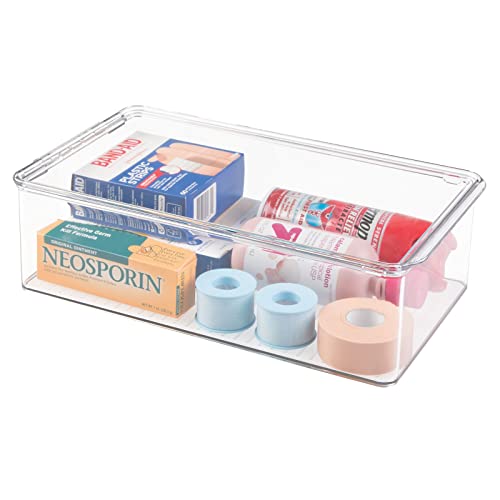 mDesign Stackable Plastic Bathroom Storage Box, Hinge Lid, Container for Organizing Soap, Body Wash, Shampoo, Conditioner, Hand Towels, Hair Accessories - Lumiere Collection, Clear
