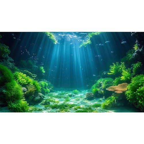 Aquarium Background Aquatic Plants Soft Algae Terrarium Backdrop Underwater World Fish Rock with Moss Sunlight Rays Fish Tank Background Aquarium Wallpaper Poster Decor Vinyl 36x20in - color: Coral Green, size: 36(W)x20(H)inches/ 90(W)*50cm(H)