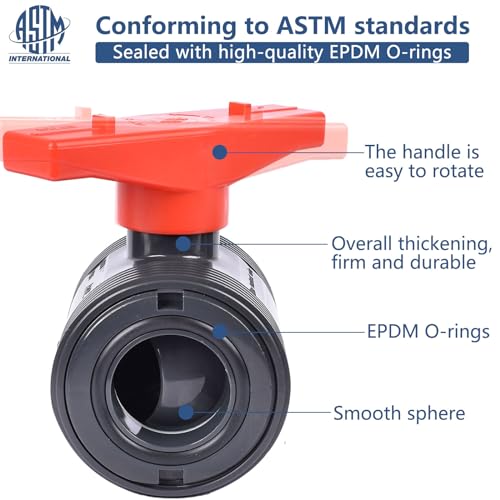 Union Ball Valve 1-1/2" with Full Port (2-Pack), UPVC Full Flow Ball Valve - U.S. ASTM EPDM O-Rings and Reversible PTFE Seats，Rated at 230 PSI, 1 1/2 inch Socket (1 1/2") - size: 1-1/2 Inch (1.5"), style: Pack of 2