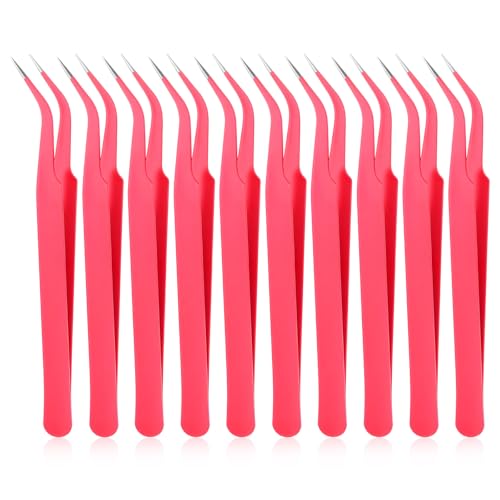 10 Pieces Tweezers for Crafting, Stainless Steel Curved Pointed Tweezers Precision Tweezer with Protective Cover for Eyelash Extensions Stickers Rhinestones Crafts (Rose Red) - color: Pink