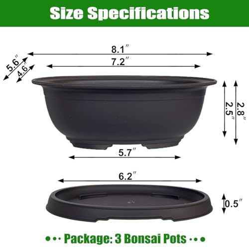 MUZHI 3 Pack Oval Bonsai Training Pot with Drainage Tray, Matte Finish Succulent Growing Pot for Home Garden Plant Outdoor Indoor Container (7.2" Medium) - size: 7.2" Medium