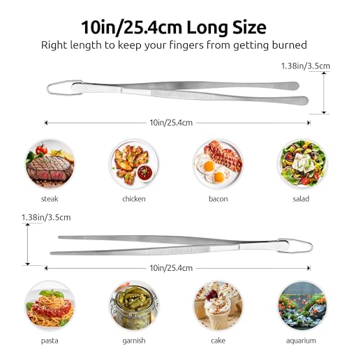 U-Taste 10" Kitchen Cooking Tweezer Set: 18/8 Stainless Steel Food-Grade Metal Food Tong, Seamless-Welding, Flexible and Non-Slip for Pasta Salad Meat Serving, Baking, Frying (Round & Pointed Tip) - size: 10in (round+pointed tip)