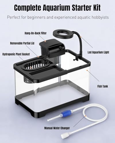 Pawfly 2 Gallon Fish Tank, Small Aquarium Kit, Betta Fish Tank Starter Kit with 6 W LED Light, 65 GPH Filter, Siphon Vacuum Water Changer & Basket, Aquarium for Betta, Shrim, or Small Fishes - color: Black-01