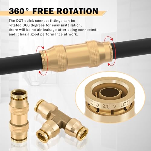 CheeMuii 35 PCS Brass DOT Air Line Fittings Kit 1/4 3/8 1/2 DOT Quick Connect Air Fittings Straight & Tee Union Push to Connect Air Hose Fittings for Semi Truck Trailers Air Brake System - size: 35PCS