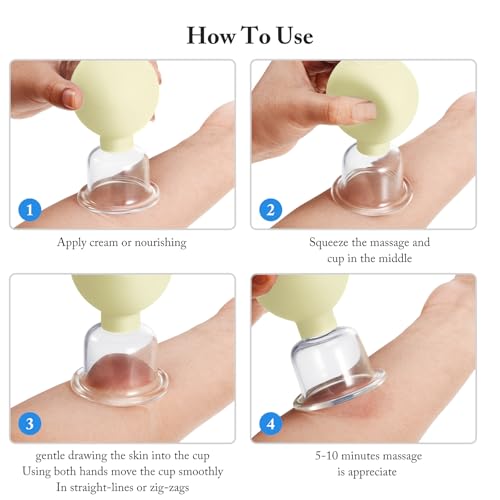 BBTO 4 Pcs Glass Facial Cupping Set Silicone Vacuum Suction Massage Cups Skin Tightening Therapy for Face Body Eyes Back Shoulder Pain(Yellow) - color: Yellow