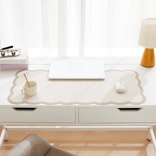 Scalloped Desk Mat, 31.5" x 15.7" Large Cute Aesthetic Desk Accessories, PU Leather Computer Laptop Desk Mouse Keyboard Pad, Desk Writing Mat for Vanity/Work/Home Decor (Beige, 31.5" x 15.7") - color: Beige, size: 31.5" x 15.7"