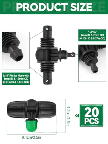 Kalolary 20PCS Locked Barbed Tee Connectors, 5/16" to 1/4" Drip Irrigation Fittings Kit 8/12mm to 4/7mm Tube Lock Female Connector 3-Way Barbed Lock Irrigation Parts for Watering System (Black Green) - color: Black Green 5/16" to 1/4" 3-Way