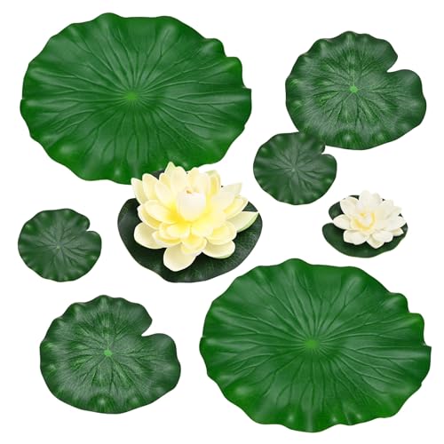 M METERXITY 1-Set Artificial Floating Foam Lotus Flower with Water Lily Pad, 4/7/11 Inch Fake Lotus Flowers Water Lilies for Pool/Fountain/Garden Decor, Pond Plants Ornaments [Cream White] - color: Cream White, size: 6.7/3.9 Inch