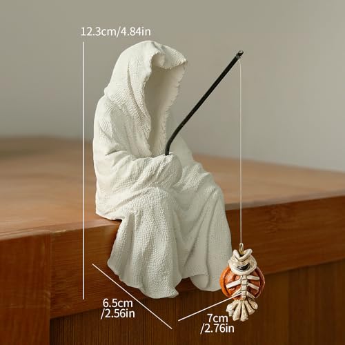 Fishing Sitting Statue Gothic Robe, Halloween Fish Tank Decor, Halloween Statue for Outdoor Garden Yard Lawn Shelf Table and Desktop (White) - color: White