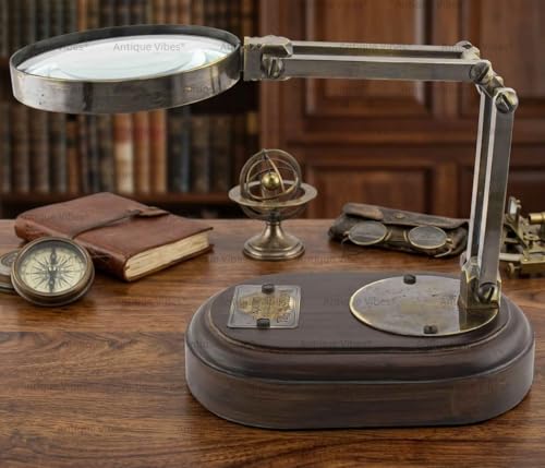 Handmade Magnifying Glass, Wooden Stand, Adjustable Arms, Vintage Style Magnifier, Reading Coin & Stamp, Astrologer, Collectible Table Office Home Décorative Gifts for Collectors