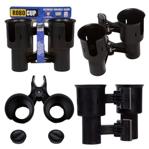 (Black), Patented Clamp On Boat Cup Holder |Multifunction Dual Drink Caddy for Fishing Poles, Tools, Net, Gaff |Portable Storage for Boating, Beach, Umbrellas, Golf Carts, Strollers