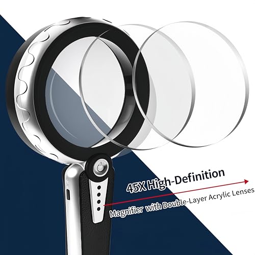 45X Magnifying Glass with Light, Rechargeable LED Magnifier for Reading | 1200mAh Battery • 6 Light Modes • Dual Acrylic Lenses • 4.6" Lens • Adjustable Brightness • 12 LEDs • Non-slip Handle - color: Black