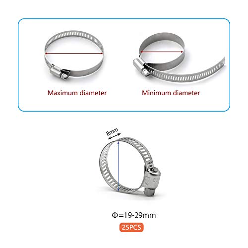 ZIPCCI Hose Clamp, 1 Inch Stainless Steel Worm Gear fuel line hose clamps, 19-29mm (25pack) - size: 19-29mm