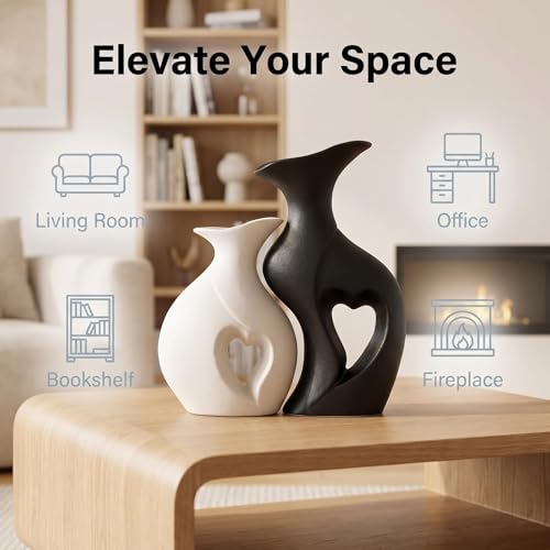 White Flower Vases Set of 2 Modern Boho Ins Style Decorative Flower Vase for Home Decor Living Room Coffee Table Fireplace Bookshelf Shelf Office (Black and White) - color: Black and White