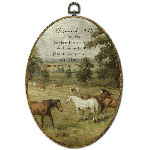 XFCICRLJ Christian Horse Wall Art Decor, Jeremiah 29:11 Bible Verse Oval Canvas Prints Framed, Rustic Religious Scripture Wall Art Decorations for Church Home Bedroom Living Room Decor, 11x8.5 Inch - color: horse