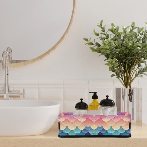 Colorful Fish Scales Toilet Paper Basket Bathroom Countertop Organizer, Decorative Storage Baskets for Towels, Toilet Tanks Tray with handles, Small Storage Basket for Shelves, Bedroom, Table Decor