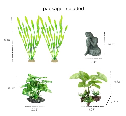 Fish Tank Decorations Set - Aquarium Buddha Statue Decorations, Plastic Plants Set, Betta Fish Tank Accessories