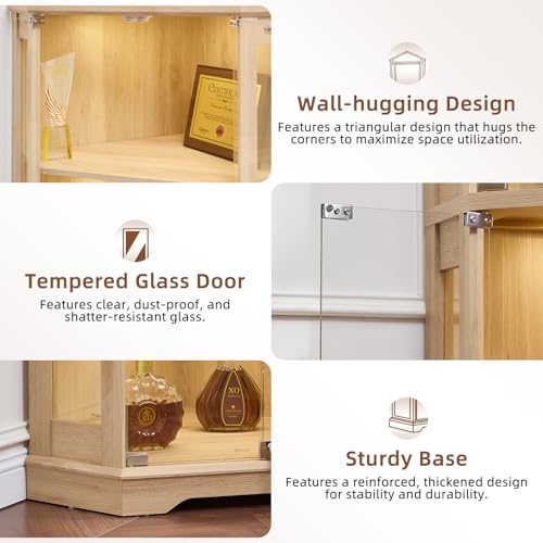 LELELINKY Farmhouse Glass Display Cabinet Set of 2 with Doors, Corner Curio Cabinet for Collectibles, Wooden Display Cabinets for Home, Office, Living Room, Corner, Natural - color: Natural, size: Set B