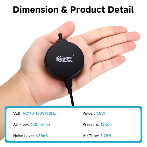 hygger 1.5 Watt Mini Aquarium Air Pump, Quiet Aerator with Air Stone Tubing Suction Cup Clip, Small Fish Tank Bubbler Oxygen Pump for 1 to 15 Gallon Betta Tank, Fish Bowl, Desk Small Tank