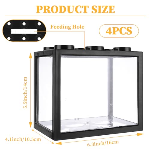 QTLCOHD 4Pcs Small Betta Fish Tank, 0.6 Gallon Stackable Mini Aquarium Tank, Rectangular Fish Bowl for Turtle, Reptile, Shrimp, Crab, Insects, Decoration (Black), Clear - color: black