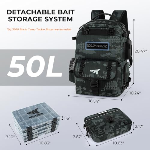 KastKing BaitSpace Fishing Tackle Backpack with Removable Bait Binder,2 Rod Holders Storage Fishing Gear and Equipment - color: B: Black Camo (With (4) 3600 Tackle Boxes)