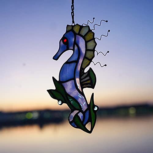 Seahorse Decor Stained Glass Window Hanging,Sea Animals Ornaments Suncatcher,Marine Life Wall Decor Sculpture Hanging Ocean Decorations for Living Room,Bedroom,Kitchen,Dining Room - color: O