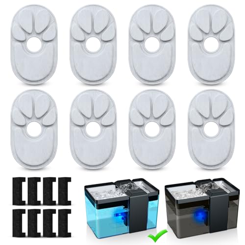 Cat Water Fountain Replacement Filters, 8-Pack Food-Grade Claw Shape Activated Carbon Filters + 8 Pre-Filter Sponges, Triple Filtration for 74oz Pet Fountain (6-8 Months Supply)