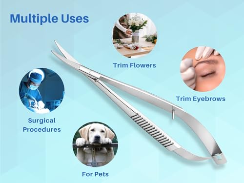 5.5” Curved Micro Scissors Castroviejo Style Premium Stainless Steel Spring Action Squeeze Scissors for Stitch Cutting, Sewing, Embroidery, Applique & Precision Craft