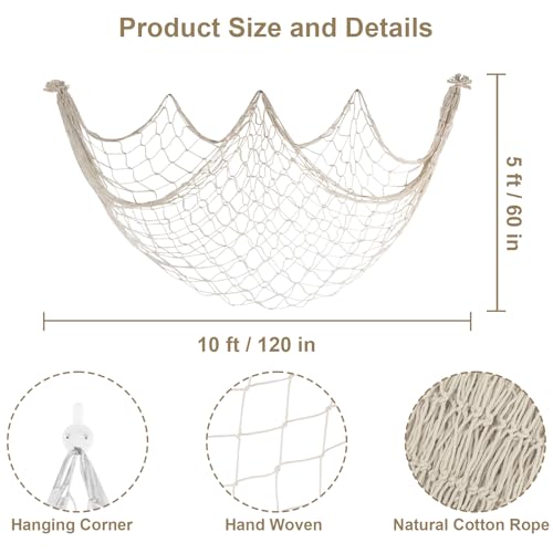 10x5 Feet X-Large Fishing Net Decor for Party - 2 Pack Beige Fish Net Decorations Beach Hawaiian Pirate Under The Sea Party Decorations, 3mm Cotton Fishnet Ocean Nautical Themed Wall Table Decor - color: Beige, size: X-Large - 2 Pack