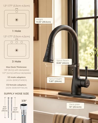 WEWE Vintage Kitchen Faucet with Pull Down Sprayer, Stainless Steel 1 or 3 Hole High Arc Single Handle Antique Sink Faucet for Classic Modern Ktichen, Matte Black Bar & Prep Sinks - color: Matte Black, style: Vintage