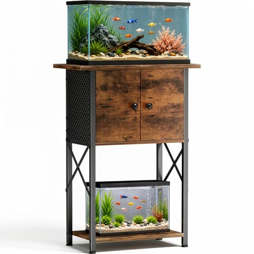 5-10 Gallon Fish Tank Stand, Aquarium Stand with Cabinet for Fish Tank Accessories Storage, Heavy Duty Waterproof Reptile Turtle Tank Stand Up to 260LBS, 21.3" L x 11.4" W, Rustic Brown