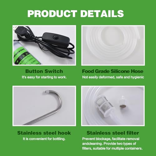Portable USB Electric Auto siphon Self Priming Pump for Bottling Home brew Wine,Beer and Kombucha, DC 5V Food Grade Water Transfer Pump With 6.5FT hose, 2L/Min No Mess Leak,Low Noise