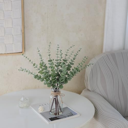 VIERENA 17.5" Artificial Eucalyptus Stems in Glass Vase with Faux Water,Fake Plant Eucalyptus Leaves White Seeds for Centerpiece Table Decorations Farmhouse Wedding Home Greenery Decor (Sage Green)