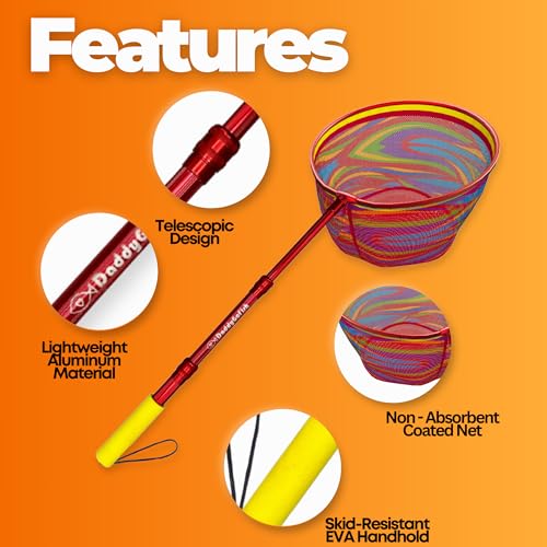 DaddyGoFish Kids Fishing Net - Extendable Telescopic Landing Net for Boy Girl Children Catching Small Fish Crab Shrimp Minnow Dragonfly Beach Pier Lake River Ocean - color: Style 1 (Red)