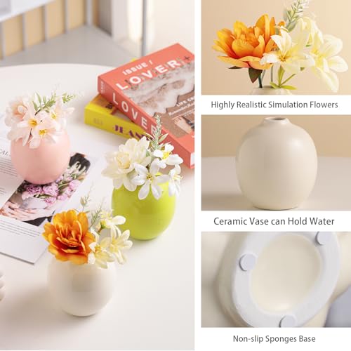 Set of 3 Ceramic Vase with Artificial Flowers,Small Pink Cream,Green for Flowers Cute Vase,Mini Ceramic Beige Table Decorations；Vases for Your Kitchen, Bedroom, Office, Living Room