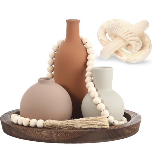 6 Pieces Ceramic Vase Set for Table Centerpieces Decor Include Wood Chain Link Bead Garland Boho Rustic Serving Tray for Home Table Living Room Dining Decoration(Natural) - color: Natural