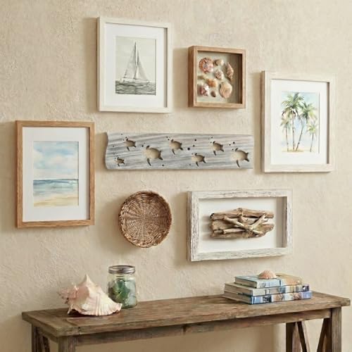 Driftwood Wall Art & DIY Key Holder – Handmade Coastal Home Decor – 17.5" Genuine Weathered Wood Plank with 5 Removable Hooks for Keys, Leashes, and Jewelry – Nautical Beach House Wall Hanging (Turtle March) - style: Turtle March