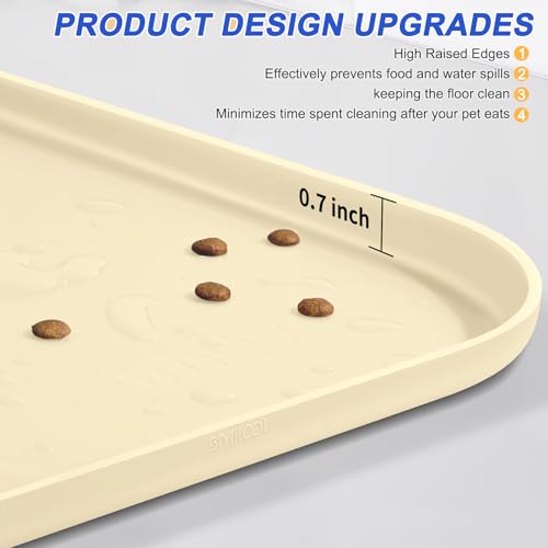 SMILOOL Silicone Pet Food Mat with Raised Edge for Food and Water Bowl, Dog Feeding Mats, Cat Food Trays for Floor Waterproof, Rubber Tray for Dogs and Cats, 19 x 12 x 0.7 White Sand(Yellow Cast) - color: White Sand (Yellow Cast), size: 19"L x 12"W