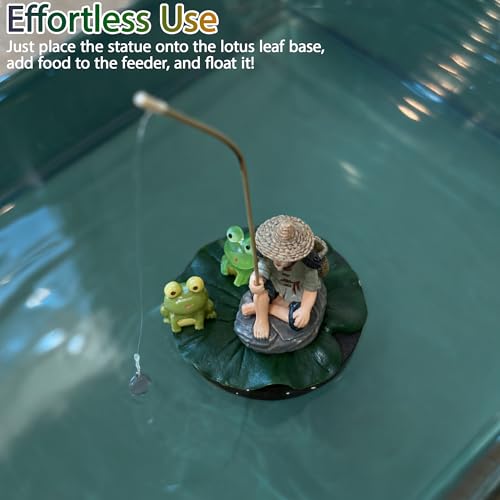 Floating Fish Tank Decorations, Mini Fisherman Aquarium Decor with Lotus Leaf and Fishing Rod, Floating Aquarium Ornaments with Interactive Feeder for Small Fish