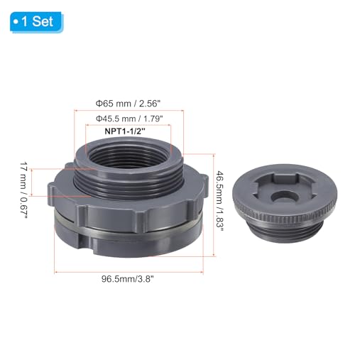 PATIKIL PVC Bulkhead Fitting with Plug NPT1-1/2", Bulkhead Water Tank Connector with Silicone Seal Gasket Garden Hose Fitting with Plug for Rain Bucket, Sinks, Aquariums, Gray