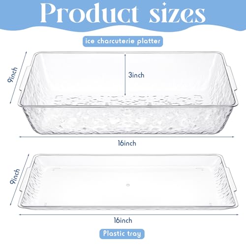 Baderke 2 Set 16" x 9" Plastic Chilled Serving Tray for Parties with Compartments Ice Chilled Party Platter Charcuterie Serving Board Cold Dish Dip for Fruit Seafood Vegetable Appetizer (Clear) - color: Clear