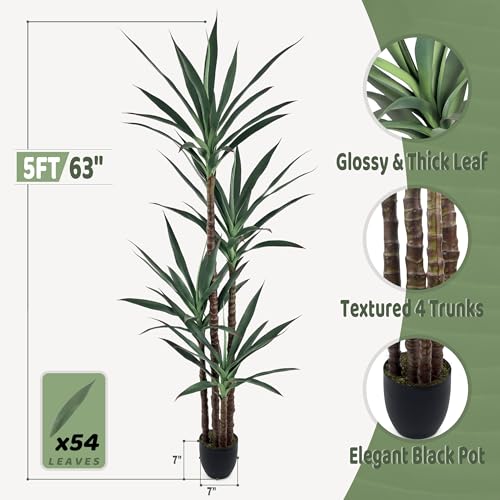 Roselywed Artificial Agave Plant 5FT with 54 Leaves & 4 Trunks & Elegant Black Pot Realistic Tall Large Fake Faux Modern Tree 62 Inch for Indoor Home Office Porch Mall School Decor Housewarming Gift - size: 5ft