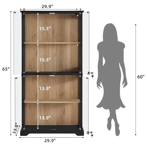 LELELINKY Farmhouse Glass Display Cabinet with Doors, Wooden Curio Cabinet for Collectibles with 3-Color LED Motion-Sensor Light & Reinforced Base, Black - color: Black, size: Single