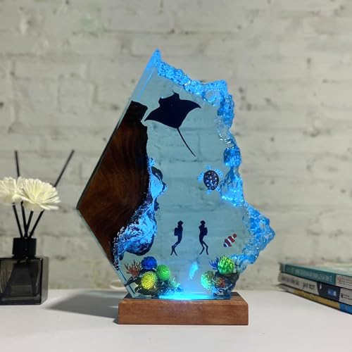 Handmade 3D Ocean Resin Lamp - USB Powered Resin Ocean Night Light with Wooden Base, Variable Lights, Scuba Diver Gifts, Diving Enthusiast Collectibles, Unique Birthday Holiday Gifts for Men & Women - color: Scuba Diver-1, size: S