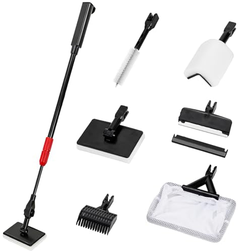 6 in 1 Aquarium Cleaning Tool Kit, Fish Tank Cleaner Set with Adjustable Telescopic Long Handle (21-32 Inch) Include Algae Scraper, Scrubber Pads, Fish Net, Tube Cleaning Brush, Gravel Rake