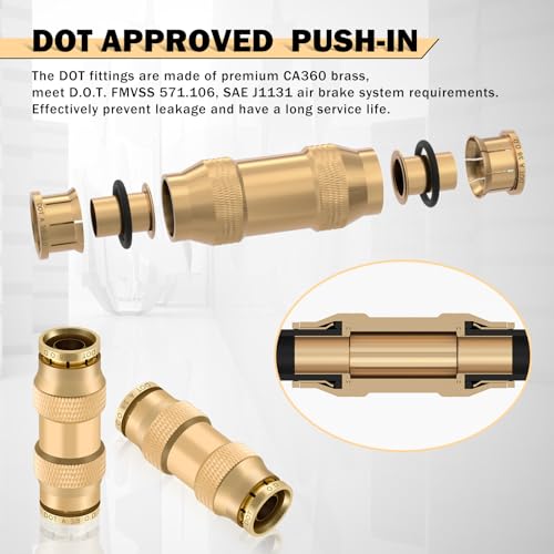 CheeMuii 23 PCS Brass DOT Air Line Fittings Kit 1/4 3/8 1/2 DOT Quick Connect Air Fittings Straight Union Push to Connect Air Hose Fittings for Semi Truck Trailers Air Brake System - size: 23PCS