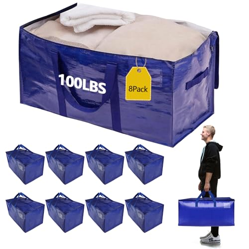 8 Pack Real 100lb Capacity Heavy Duty Moving Bags with Strong Zippers and Reinforced Handles, Extra Large Storage Totes for Packing & Moving Storing, Space Saving Alternative to Moving Boxes-95L,Blue - color: Blue, size: 8 Pack-1