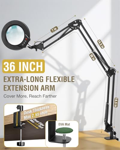 12X Magnifying Glass with Light and Clamp, Ultra Long 3 Section Swing Arm LED Desk Lamp, Real Glass Lens, 5 Color Modes Dimmable, Hands Free Lighted Magnifier with Stand for Repair Craft Close Work - color: Black, size: 12X 36inch Clamp
