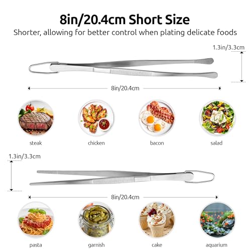 U-Taste 8" Kitchen Plating Tweezer Set: 18/8 Stainless Steel Food-Grade Metal Food Tong, Seamless-Welding, Flexible Pinching and Non-Slip for Serving, Decorating, Cooking, Baking (Round & Pointed Tip) - size: 8in (round+pointed tip)
